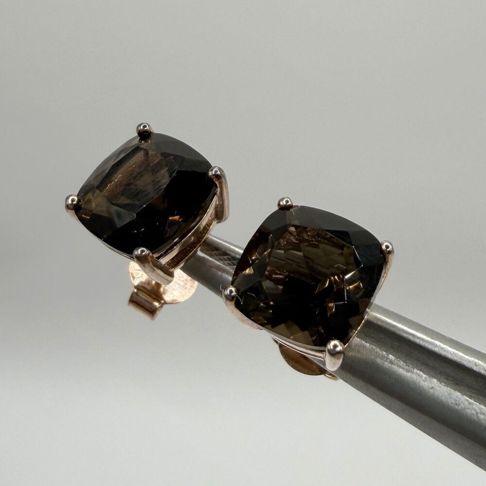Smokiy quartz 925 Sterling Silver Brown Gemstone Cushion Cut Stud Earrings